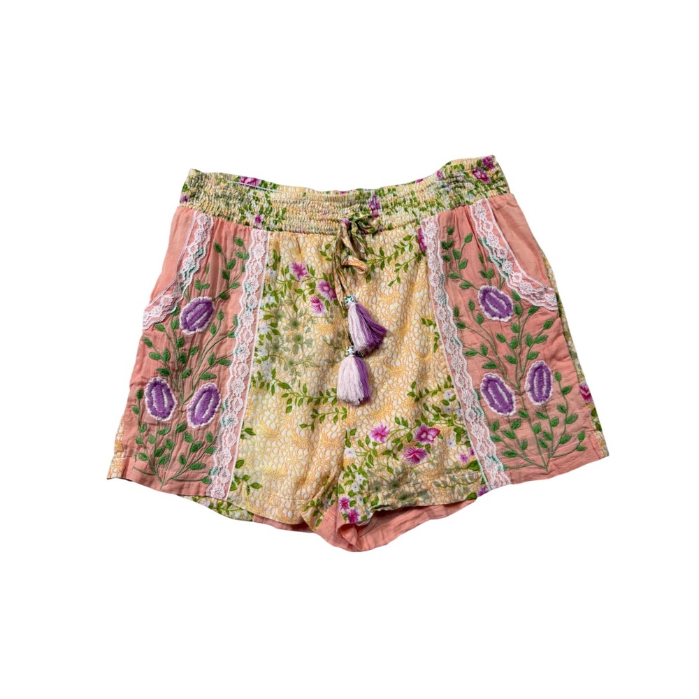BAROK Paris Embroidered Floral Boho Shorts Tassel Tie Lace Trim Cotton